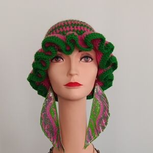 Green and Pink Crochet Hat with Large Earrings